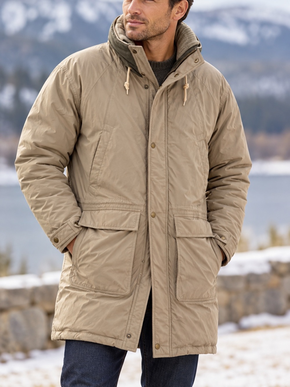 Orvis Men’s L Down Parka Coat Hidden Hood Beige Khaki Vintage Outdoor